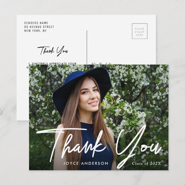 Editable photo thank you script graduation postcard (Front/Back)