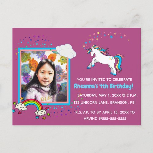 Editable Photo Unicorn Birthday Party  Invitation Postcard