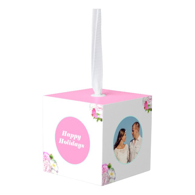 Editable pictures and peony flowers cube ornament (Back Angled)