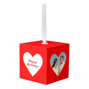 Editable pictures on red Christmas Cube Ornament