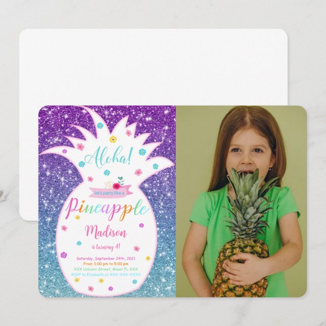 Editable Pineapple Birthday Photo Invitation (Front/Back)