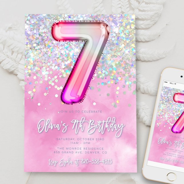 Editable Pink 7th Birthday Invitation Template Gli (Creator Uploaded)