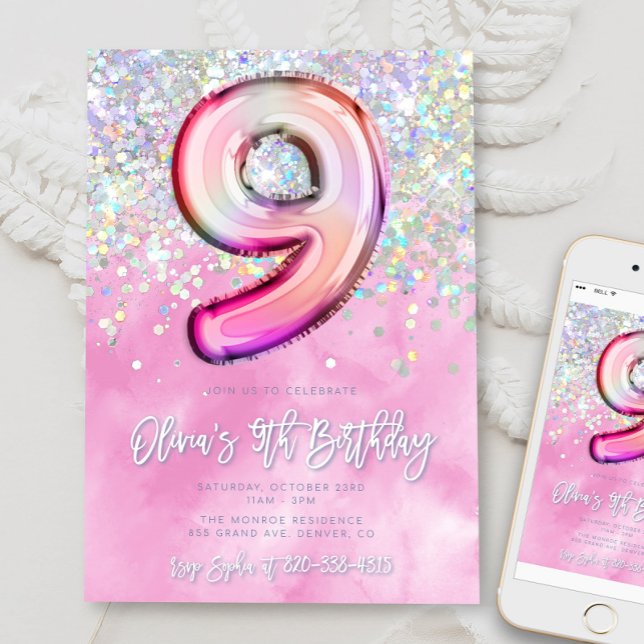 Editable Pink 9th Birthday Invitation Template Gli (Creator Uploaded)