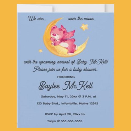 Editable Pink Bear on a Crescent Moon Baby Shower Invitation