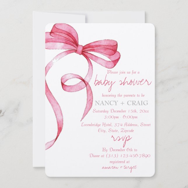 EDITABLE Pink Bow Invitation for Baby Shower (Front)