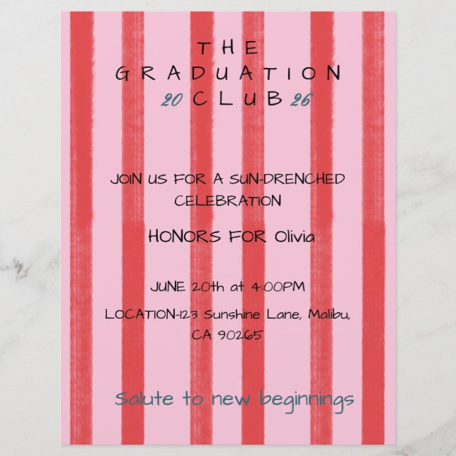 Editable Pink Cabana Stripe Graduation Invitation  (Front)