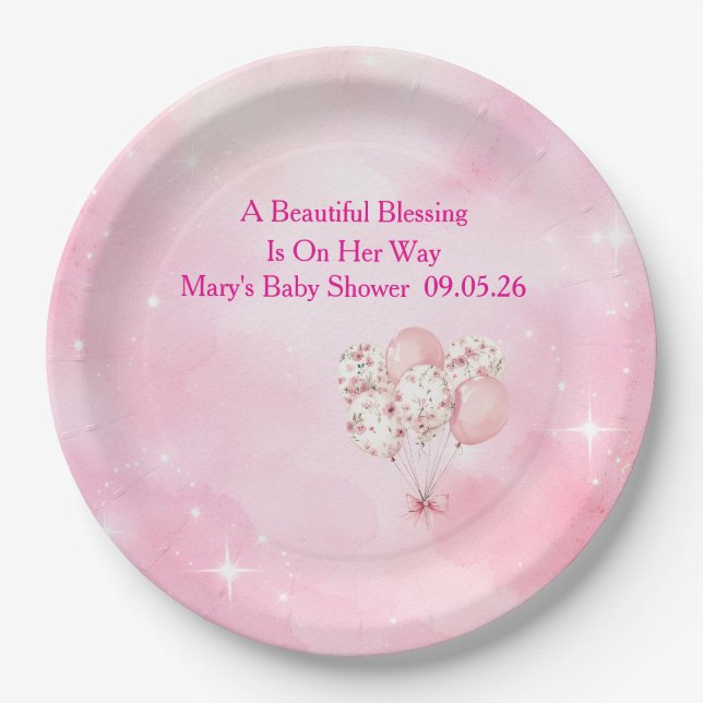 Editable Pink Chinoiserie Baby Shower Tableware Paper Plates (Front)