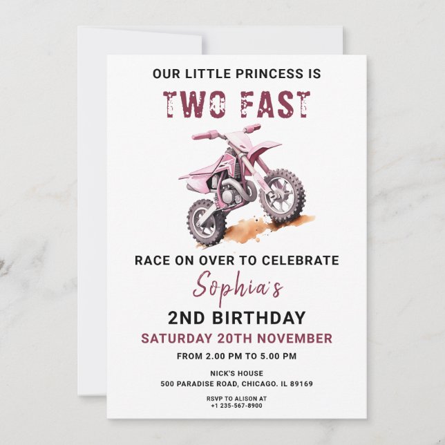 Editable Pink Dirt Bike 2nd Birthday Invitation (Front)