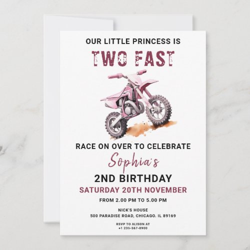 Editable Pink Dirt Bike 2nd Birthday Invitation