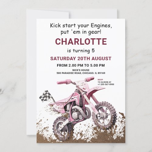 Editable Pink Dirt Bike Birthday Invitation