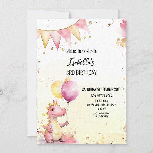 Editable Pink Dragon Birthday Invitation (Front)
