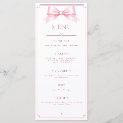 Editable Pink Elegant Bridal Shower Reception Menu
