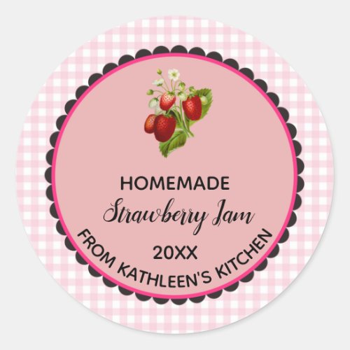 Editable Pink Gingham Strawberry Jam Label Sticker