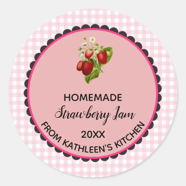 Editable Pink Gingham Strawberry Jam Label Sticker | Zazzle