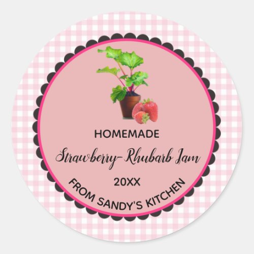 Editable Pink Gingham Strawberry Rhubarb Jam Label
