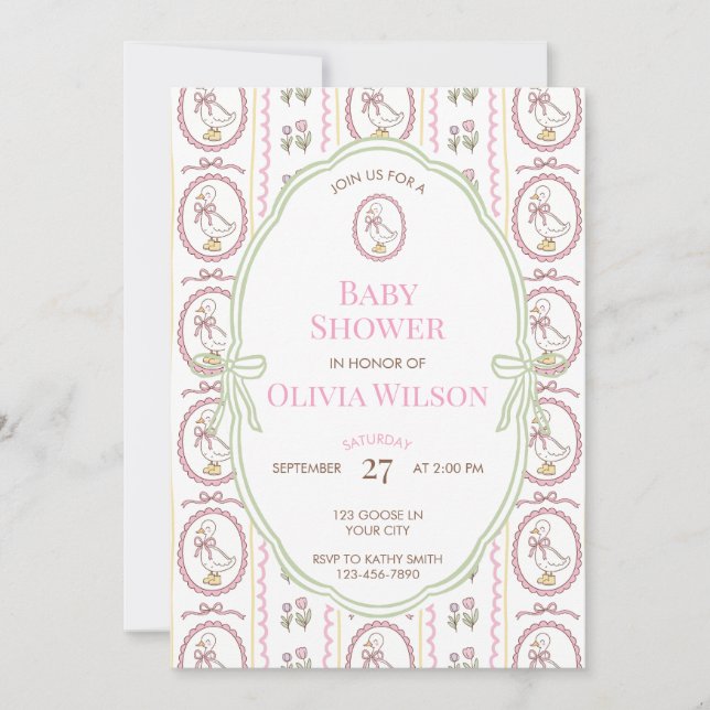 Editable Pink Goose Baby Shower Invitation 5x7 (Front)