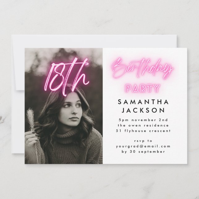 Editable Pink Neon Lights 18th Birthday Party Invitation (Front)