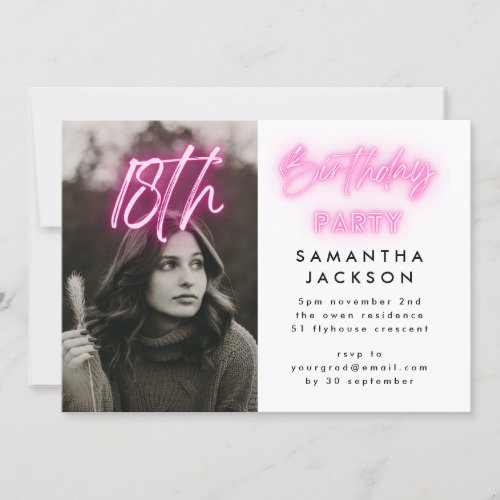 Editable Pink Neon Lights 18th Birthday Party Invitation