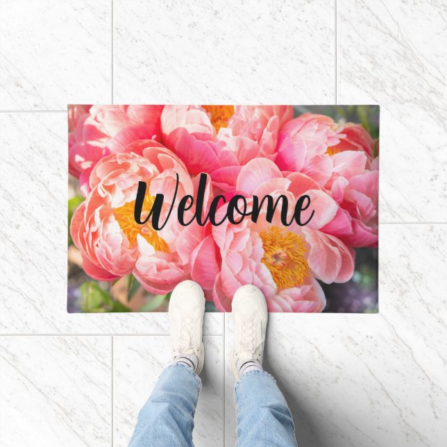 Editable Pink Peonies Welcome Doormat (Indoor)