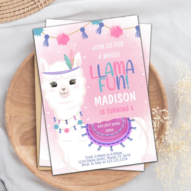Editable Pink & Purple Llama Birthday Invitation (Pink Purple Llama Birthday Invitations)