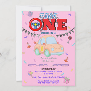 Editable pink Racing Car Boy 1st Birthday Invitati Invitation