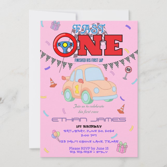 Editable pink Racing Car Boy 1st Birthday Invitati Invitation (Front)