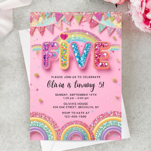 Editable Pink Rainbow Sequin 5th Birthday Invitati Invitation