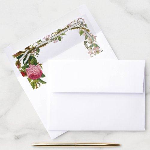 Editable Pink Rose Minimalist Floral Green Leaf Envelope Liner