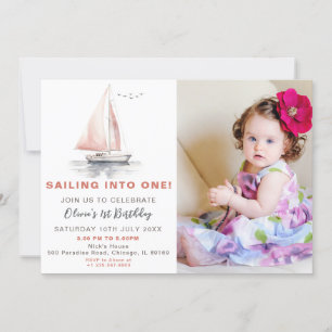 Editable Pink Sailboat Photo Birthday Invite