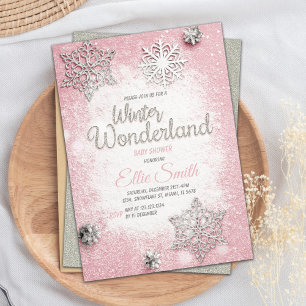 Editable Pink & Silver Glitter Winter Baby Shower Invitation