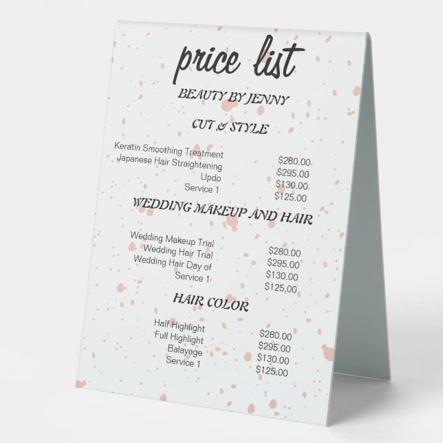 Editable Pink Splatter Beauty Price List Sign (Front)