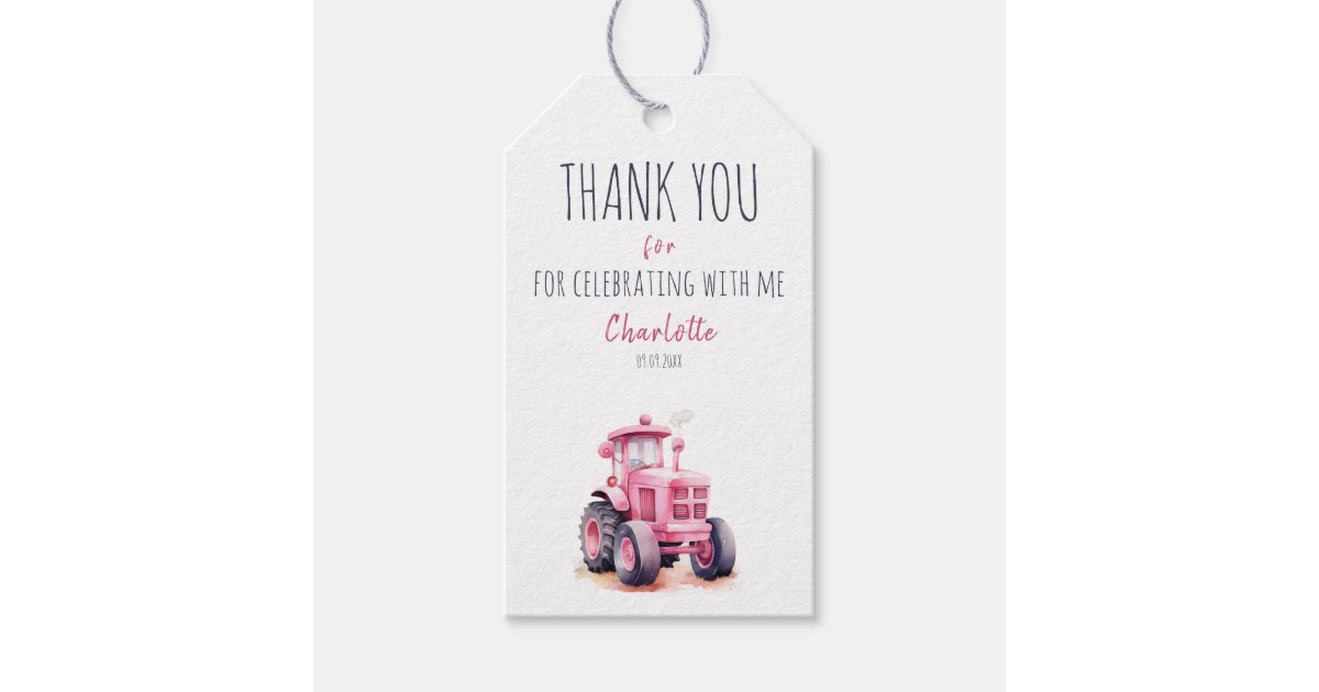 Editable Pink Tractor Birthday Thank You Tag | Zazzle