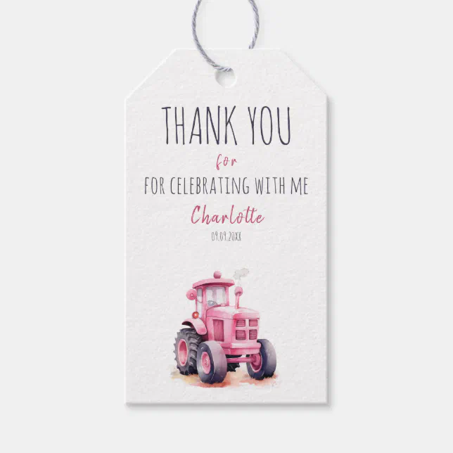 Editable Pink Tractor Birthday Thank You Tag | Zazzle