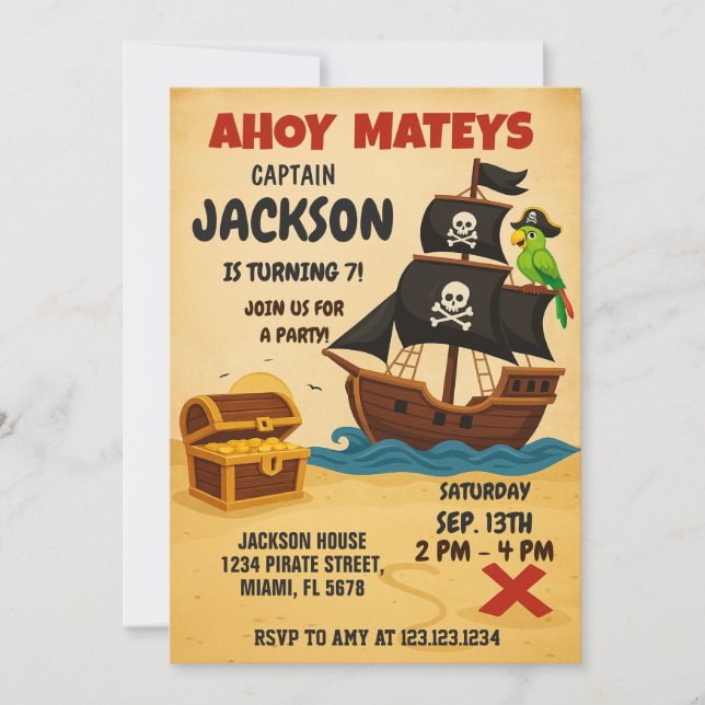 Editable Pirate Treasure Map Birthday Invitation (Front)
