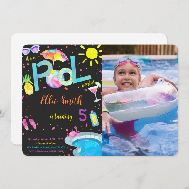 Editable Pool Birthday Photo Invitation (Front/Back)