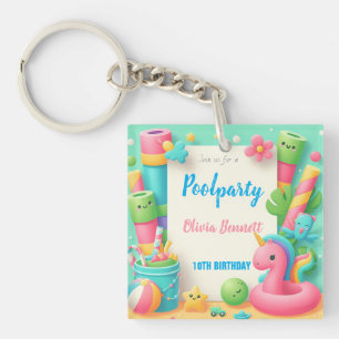 Editable Pool Party Birthday Summer Swim Keychain