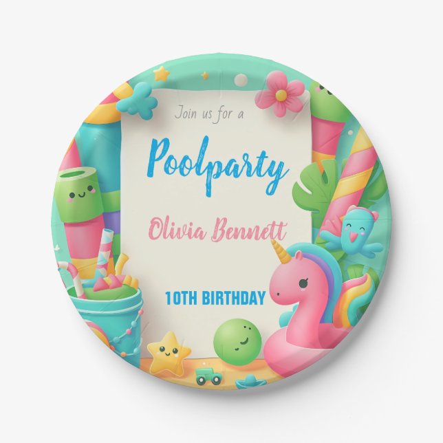 Editable Pool Party Birthday Summer Swim Paper Plates (Front)