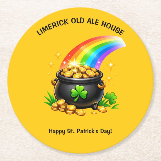 Editable Pot of Gold St Patricks Day Round Paper Coaster (Front)