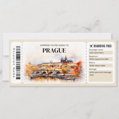 Editable Prague Boarding Pass Plane ticket Invitation