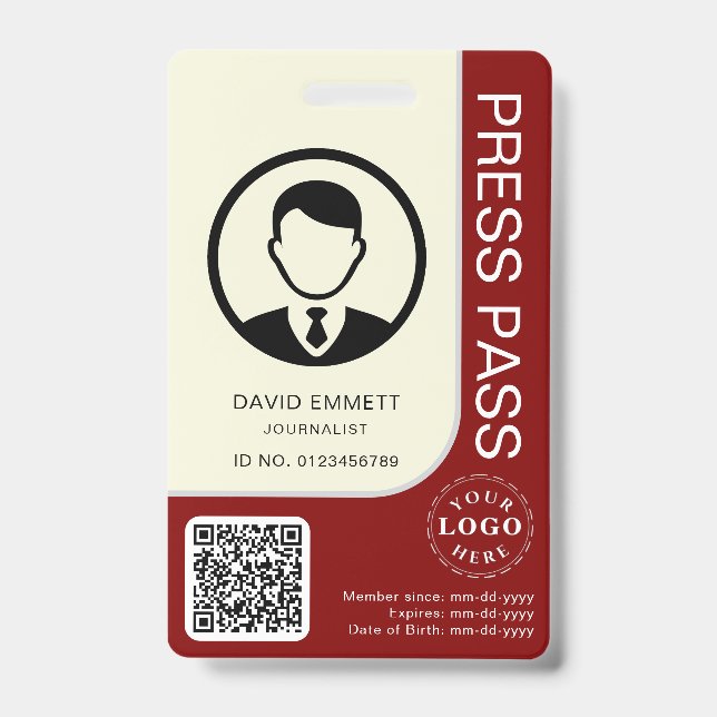 Editable Press ID Card with Photo and QR Feature Badge (Front)