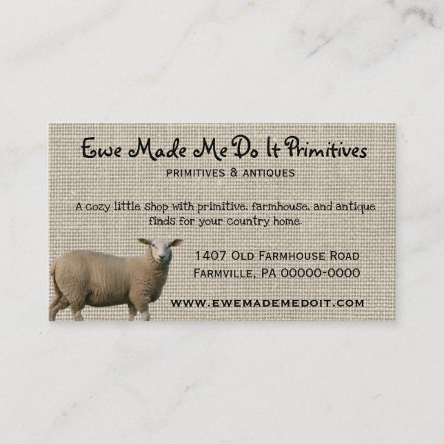 Editable Primitive Farmhouse Sheep and Burlap Business Card (Front)