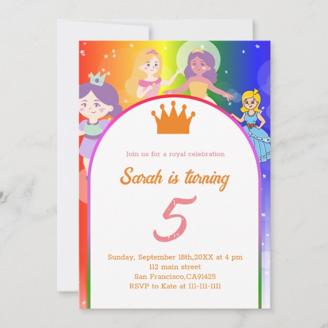 Editable PRINCESS Birthday Party Invitation  (Front)