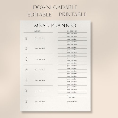 Editable Printable Modern Weekly Meal Planner Poster
