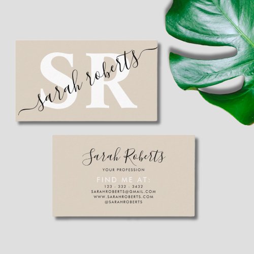 Editable professional monogram name beige business card