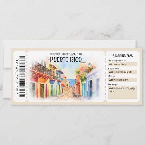 Editable Puerto Rico Plane Boarding Pass Ticket Invitation