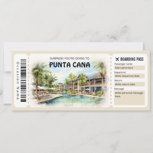 Editable Punta Cana Boarding Pass Plane ticket Invitation