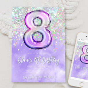 Editable Purple 8th Birthday Invitation Glitter 8
