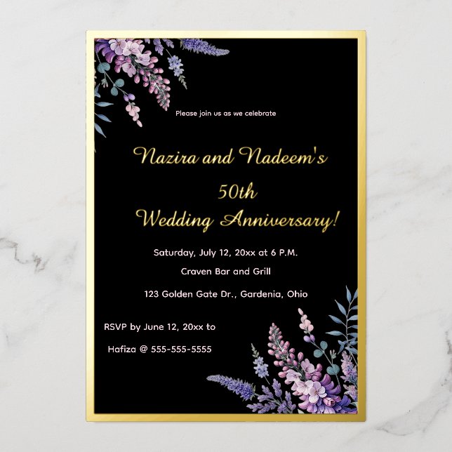 Editable Purple and Pink Flowers Anniversary Foil Invitation (Front)