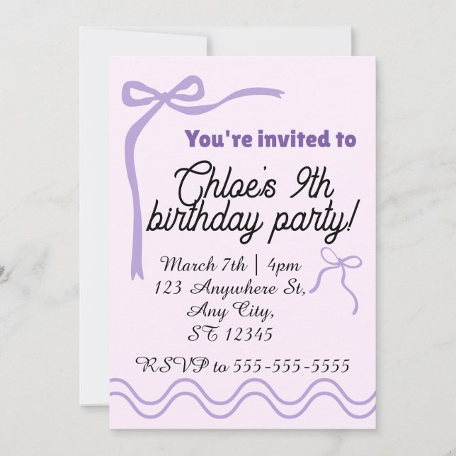 Editable purple bow birthday invitation (Front)
