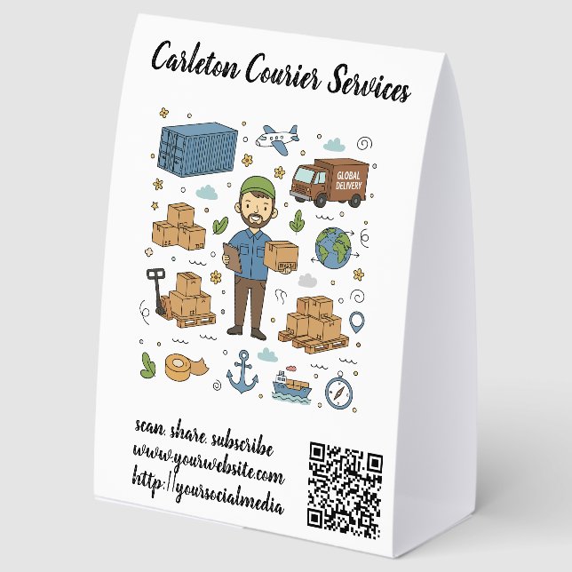 Editable QR Code Courier Services Menu Paper Table Tent (Front)
